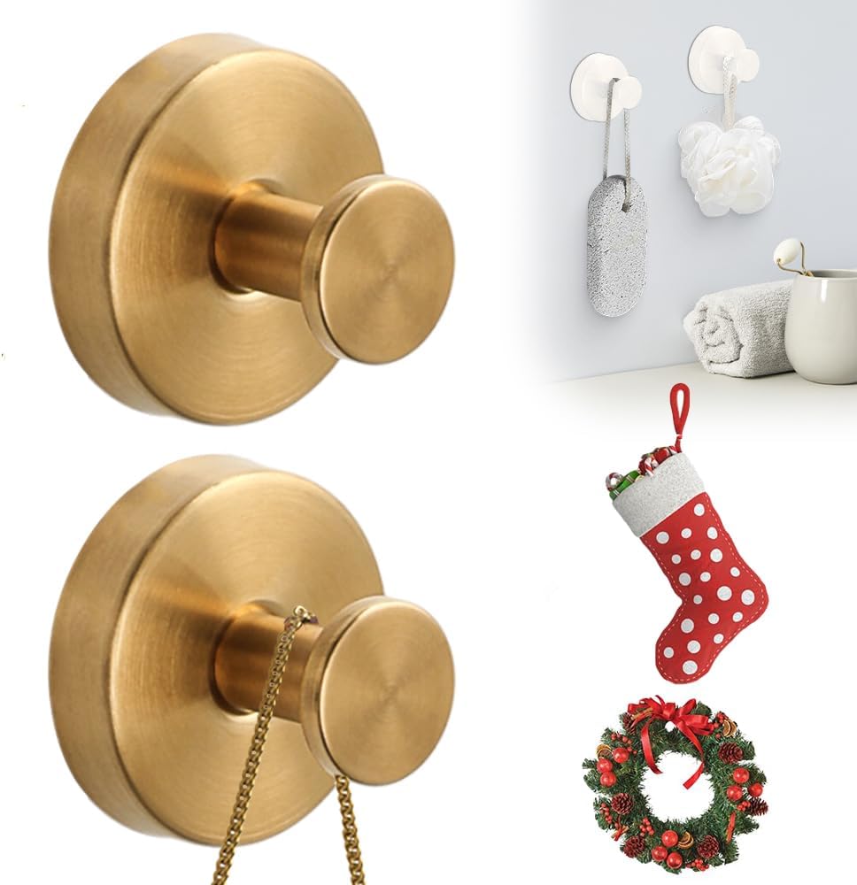 Suction Cup Hooks for Wreaths on Glass, 2025 New Stainless Steel Waterproof Suction Cup Hooks, Upgrade Hold No Drill Hooks for Bathroom Shower Mirrors Kitchens Hanging Towels Hooks (2, Goldern) - Image 1