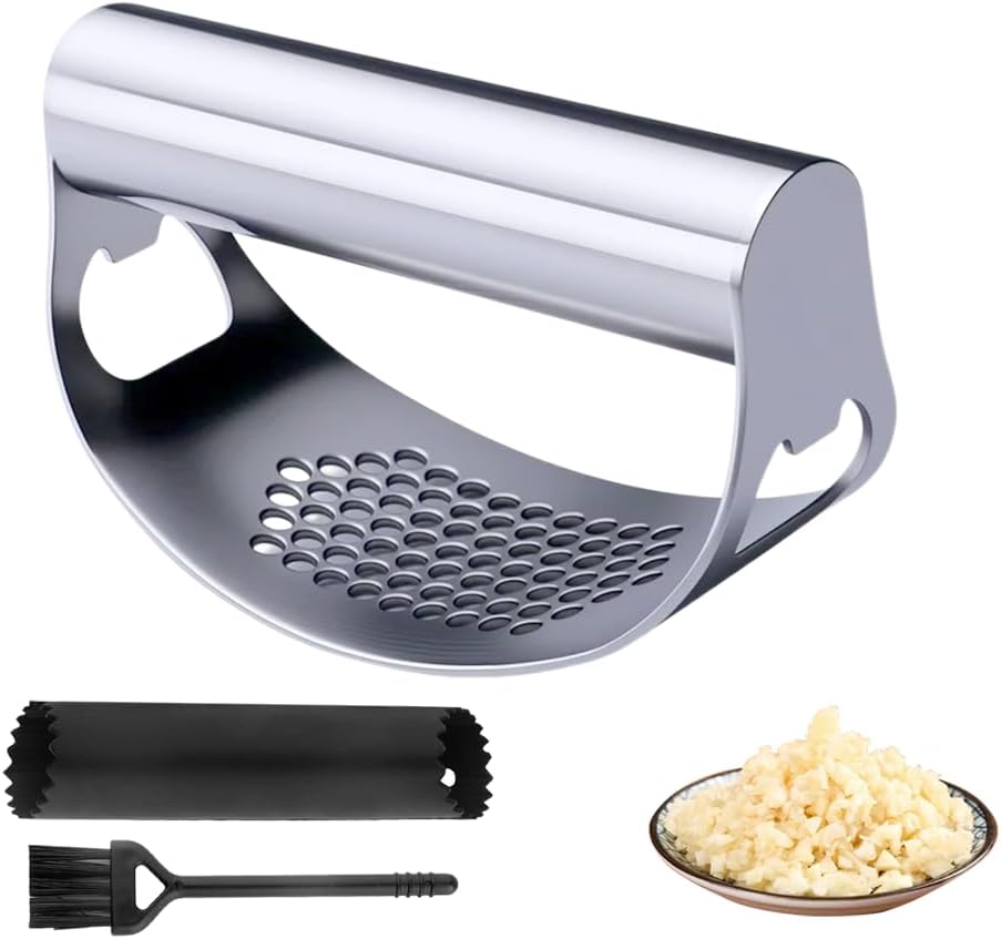 2025 New Stainless Steel Garlic Presser, Portable Manual Stainless Steel Garlic Press for Home Kitchen Utensils, Upgrade Rocker Crusher Masher with Garlic Peeling (1) - Image 1