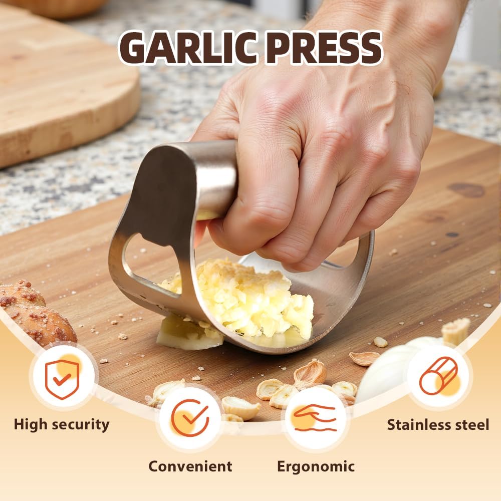 2025 New Stainless Steel Garlic Presser, Portable Manual Stainless Steel Garlic Press for Home Kitchen Utensils, Upgrade Rocker Crusher Masher with Garlic Peeling (1) - Image 2