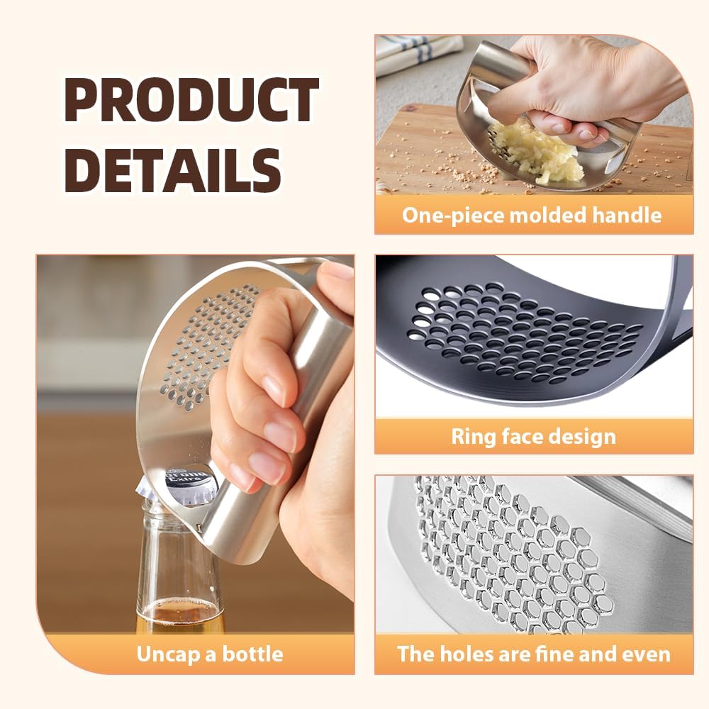 2025 New Stainless Steel Garlic Presser, Portable Manual Stainless Steel Garlic Press for Home Kitchen Utensils, Upgrade Rocker Crusher Masher with Garlic Peeling (1) - Image 3