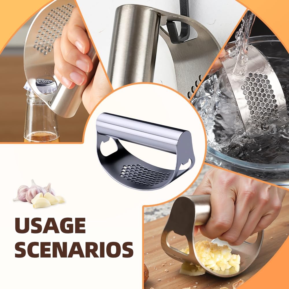 2025 New Stainless Steel Garlic Presser, Portable Manual Stainless Steel Garlic Press for Home Kitchen Utensils, Upgrade Rocker Crusher Masher with Garlic Peeling (1) - Image 5