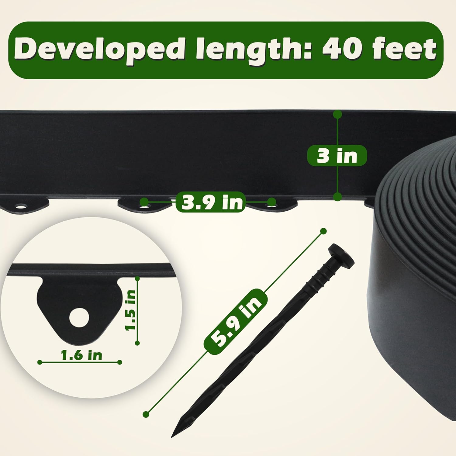 No Dig Landscape Edging Kit, 40-Foot Long, 3-Inch Tall Garden Edging Border and 100 pcs Landscape Edging Anchoring Spikes Bundle - Image 2