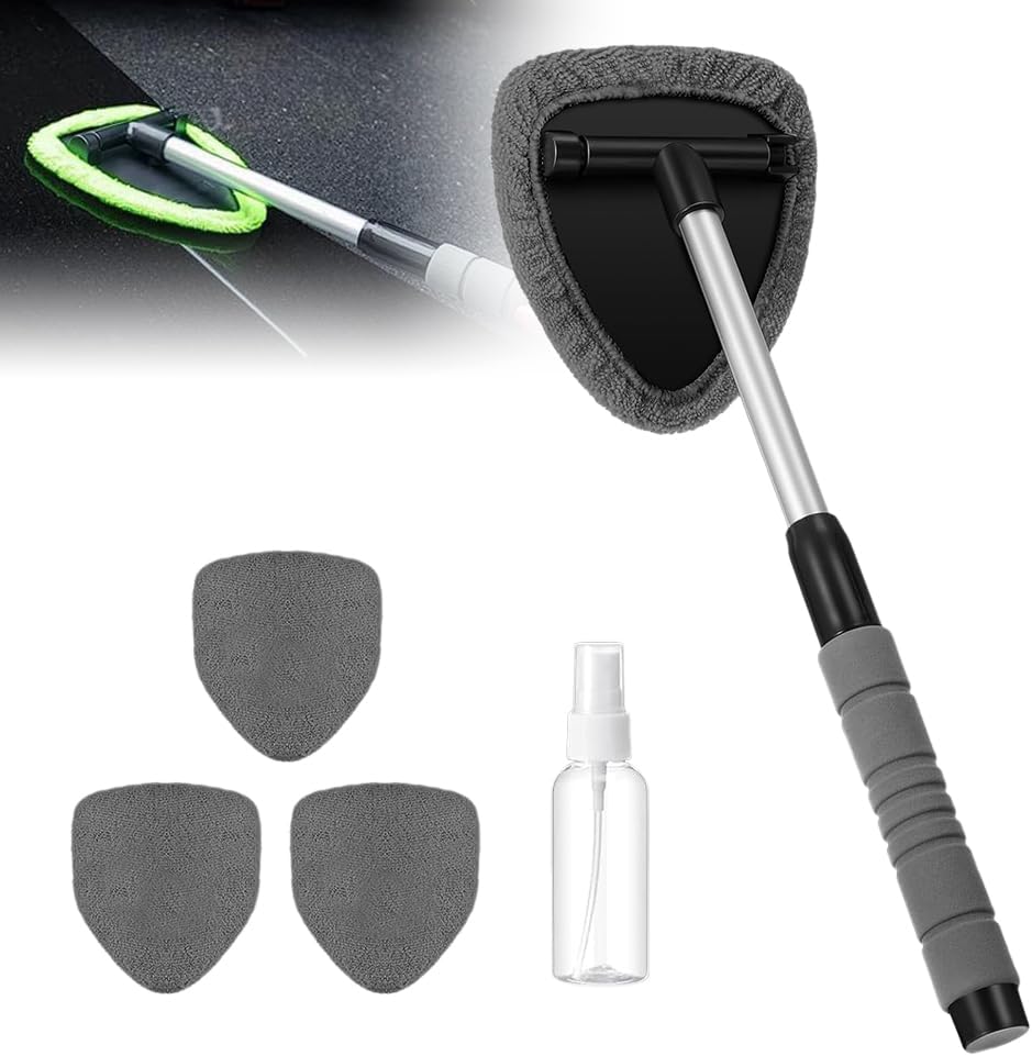Microfiber Car Windshield Cleaner Tool, 2025 Upgrade Car Window Cleaner Windshield Cleaner Inside Glass Wiper Kit, Reusable Washable Microfiber Pads and Extendable Handle (Black) - Image 1