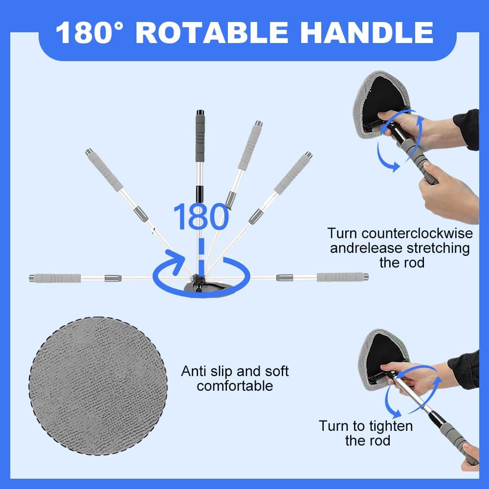 Microfiber Car Windshield Cleaner Tool, 2025 Upgrade Car Window Cleaner Windshield Cleaner Inside Glass Wiper Kit, Reusable Washable Microfiber Pads and Extendable Handle (Black) - Image 4