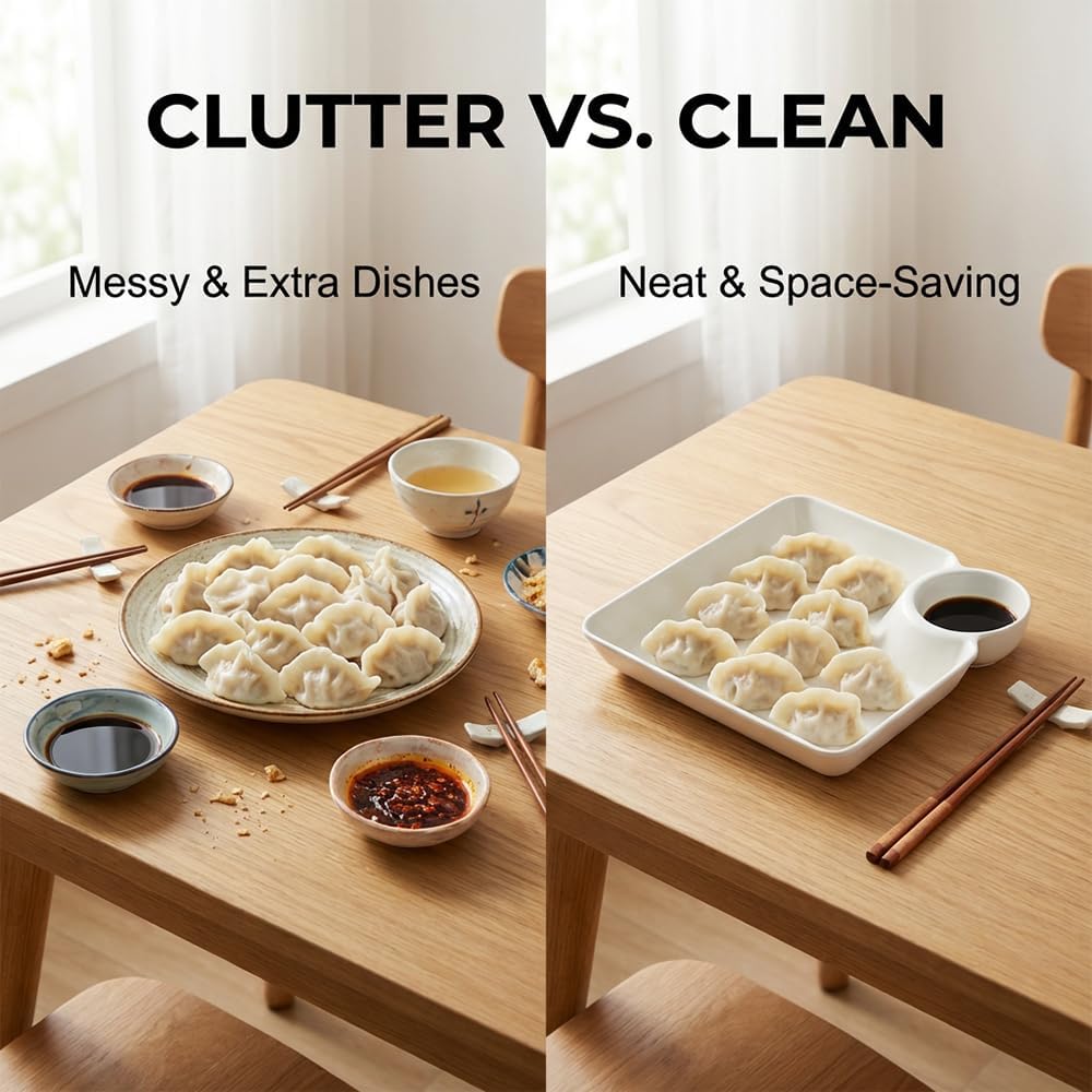 Sauce Separated Plate, 2026 New Plastic Dumpling Plates with Sauce Compartment, Upgrade Dumpling Plate with Dipping Saucer Chip and Dip Serving Dish Small Dip Tray for Appetizer (White) - Image 2