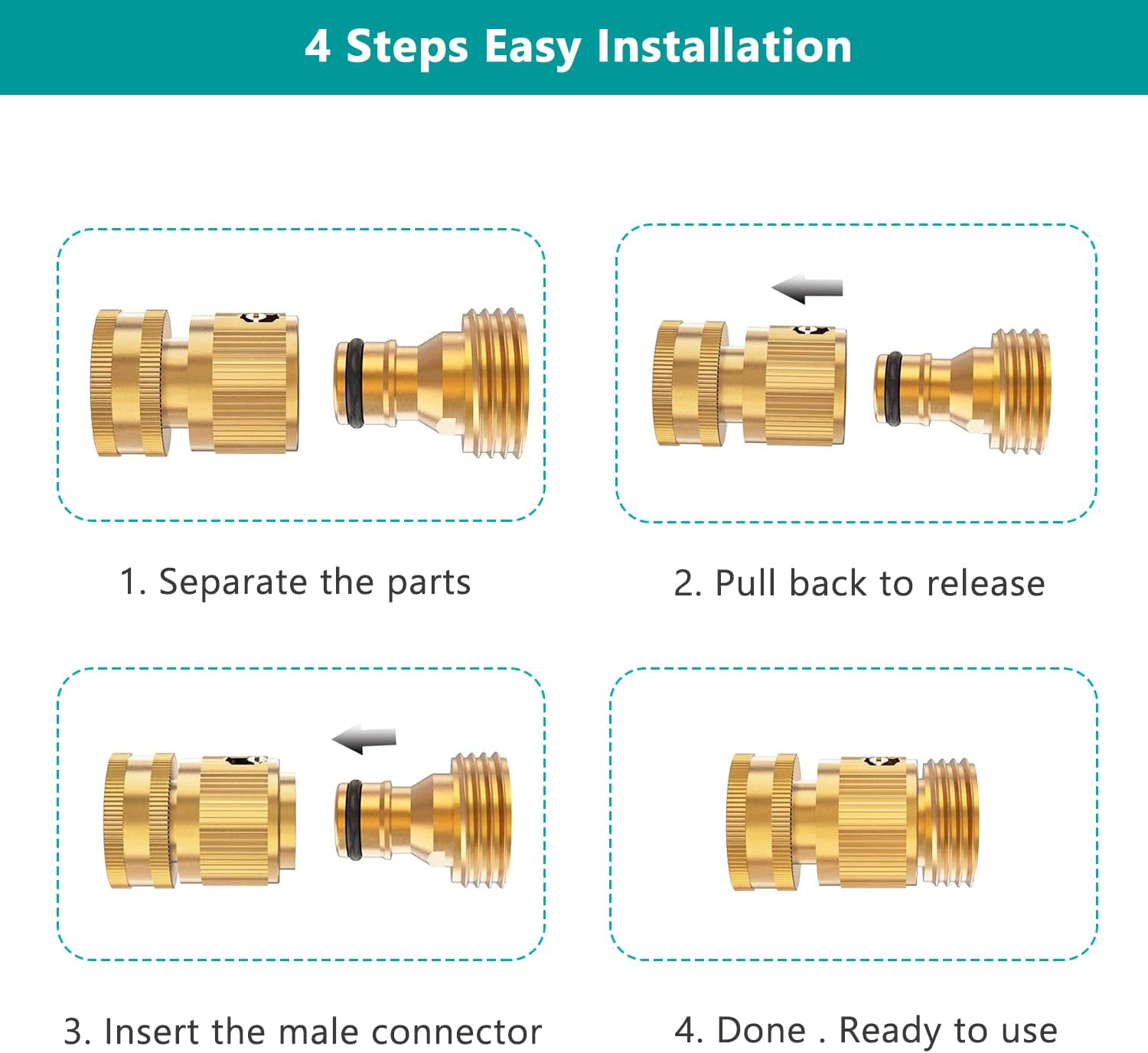 Garden Hose Quick Connector, Solid Brass 3/4 Inch Thread Fitting No-Leak Water Hose Female and Male Easy Connect (6 Sets) - Image 3