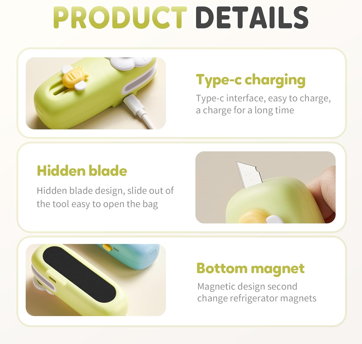 Upgraded Mini Bag Sealer, 2025 New 2 in 1 Bag Sealer Heat Seal with Cutter and Magnet, USB Rechargeable Chip Bag Sealer Heat Seal for Plastic Bags Snacks and Food Storage (Green) - Image 2