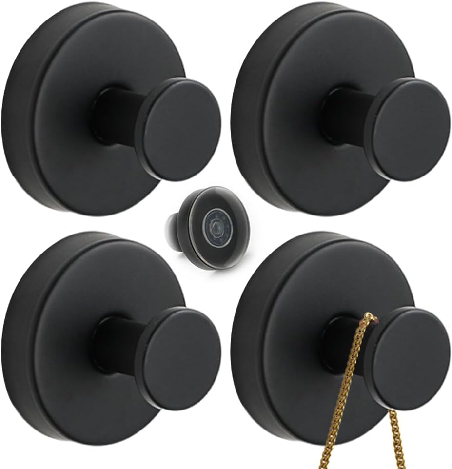 No Drill Hooks, 2024 Upgrade Suction Cup Hooks for Bathroom Shower Mirrors Suction Cup Hooks Multipack, Stainless Steel Waterproof Suction Cup Hooks Kitchens Hanging Towels (4, Black) - Image 1