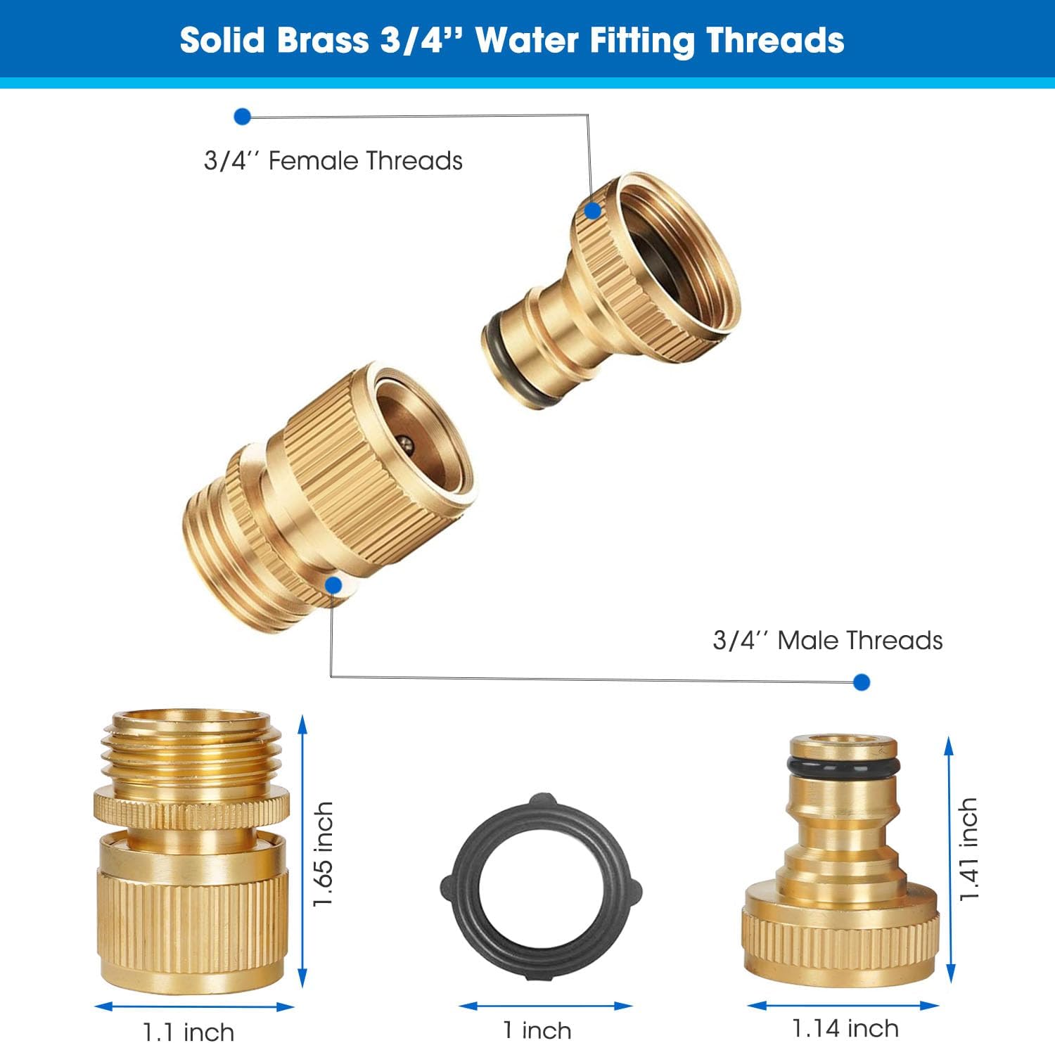 Garden Hose Quick Connector, Solid Brass 3/4 Inch Thread Fitting No-Leak Water Hose Female and Male Easy Connect (6 Sets) - Image 2