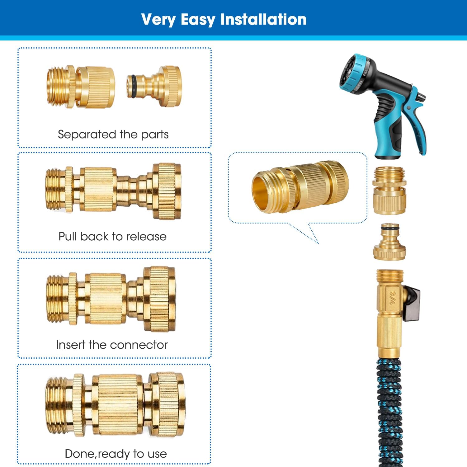 Garden Hose Quick Connector, Solid Brass 3/4 Inch Thread Fitting No-Leak Water Hose Female and Male Easy Connect (6 Sets) - Image 3