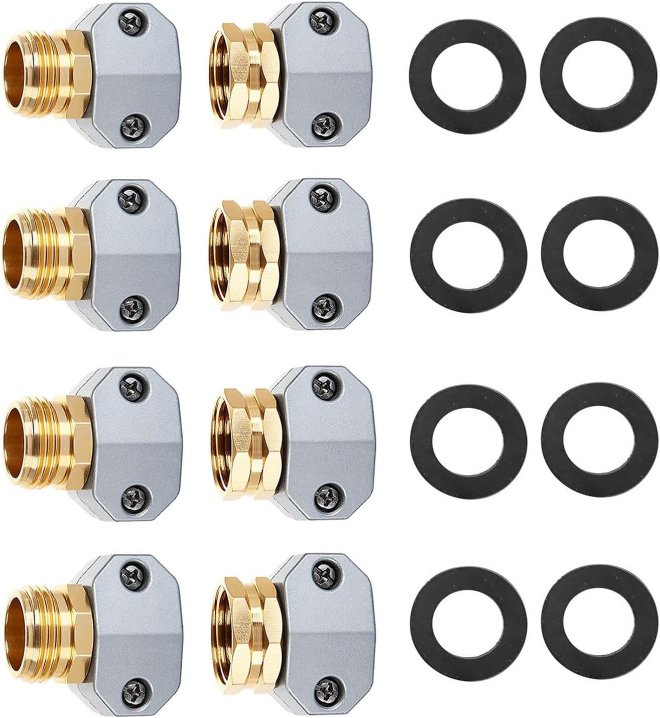 (4 Sets) Garden Hose Repair Connector Fitting, Aluminum Female and Male With Zinc Clamp Water Hose End Repair Connector Fit 3/4 Inch or 5/8 Inch Garden Hose - Image 1