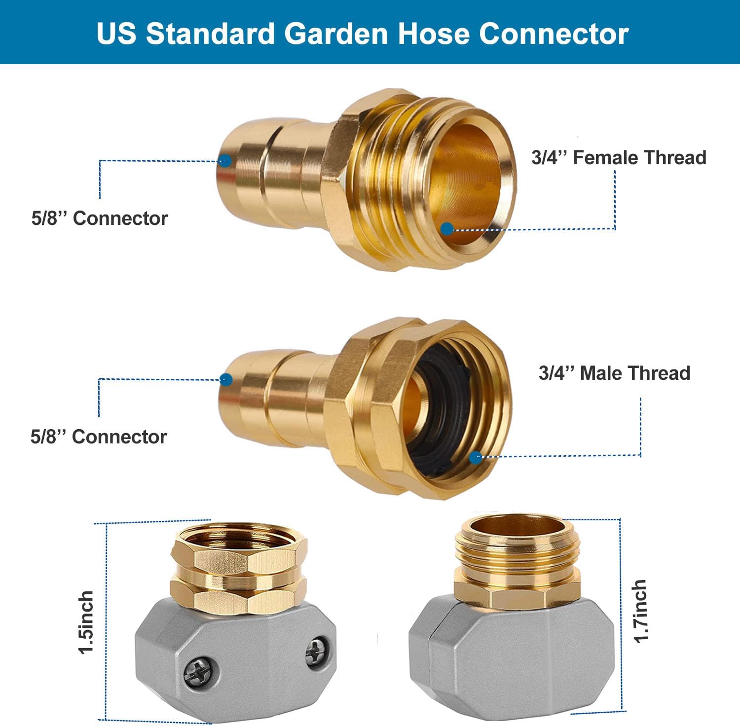 (4 Sets) Garden Hose Repair Connector Fitting, Aluminum Female and Male With Zinc Clamp Water Hose End Repair Connector Fit 3/4 Inch or 5/8 Inch Garden Hose - Image 2