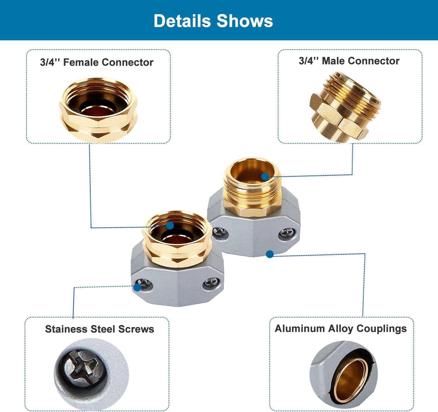 (4 Sets) Garden Hose Repair Connector Fitting, Aluminum Female and Male With Zinc Clamp Water Hose End Repair Connector Fit 3/4 Inch or 5/8 Inch Garden Hose - Image 4