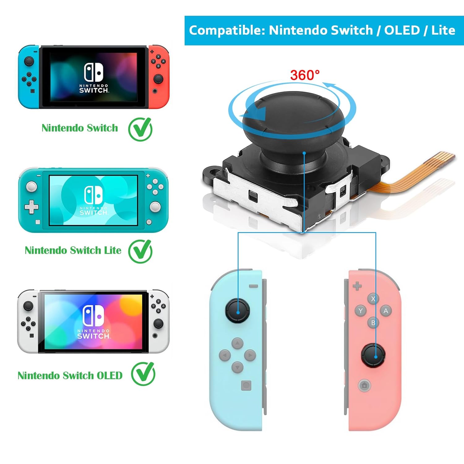 2pcs Replacement Hall Effect Joystick for Nintendo Switch/Switch OLED Model/Switch Lite Joy-Con Controller, Thumb Stick Analog Drift Repair Kit Y1.5 / +1.5 Screwdriver/Pry Fix Tools - Image 2