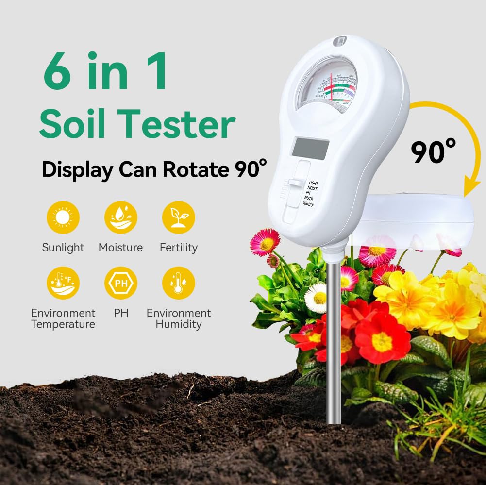 6in1 Multi-Function Soil Moisture Meters Tester Temperature/PH/Humidity/Moisture/Sunlight/Fertility Meter Soil Testing Analyzer Kit for Plants Farms Gardens Lawns Indoor Outdoor Plant Care - Image 2