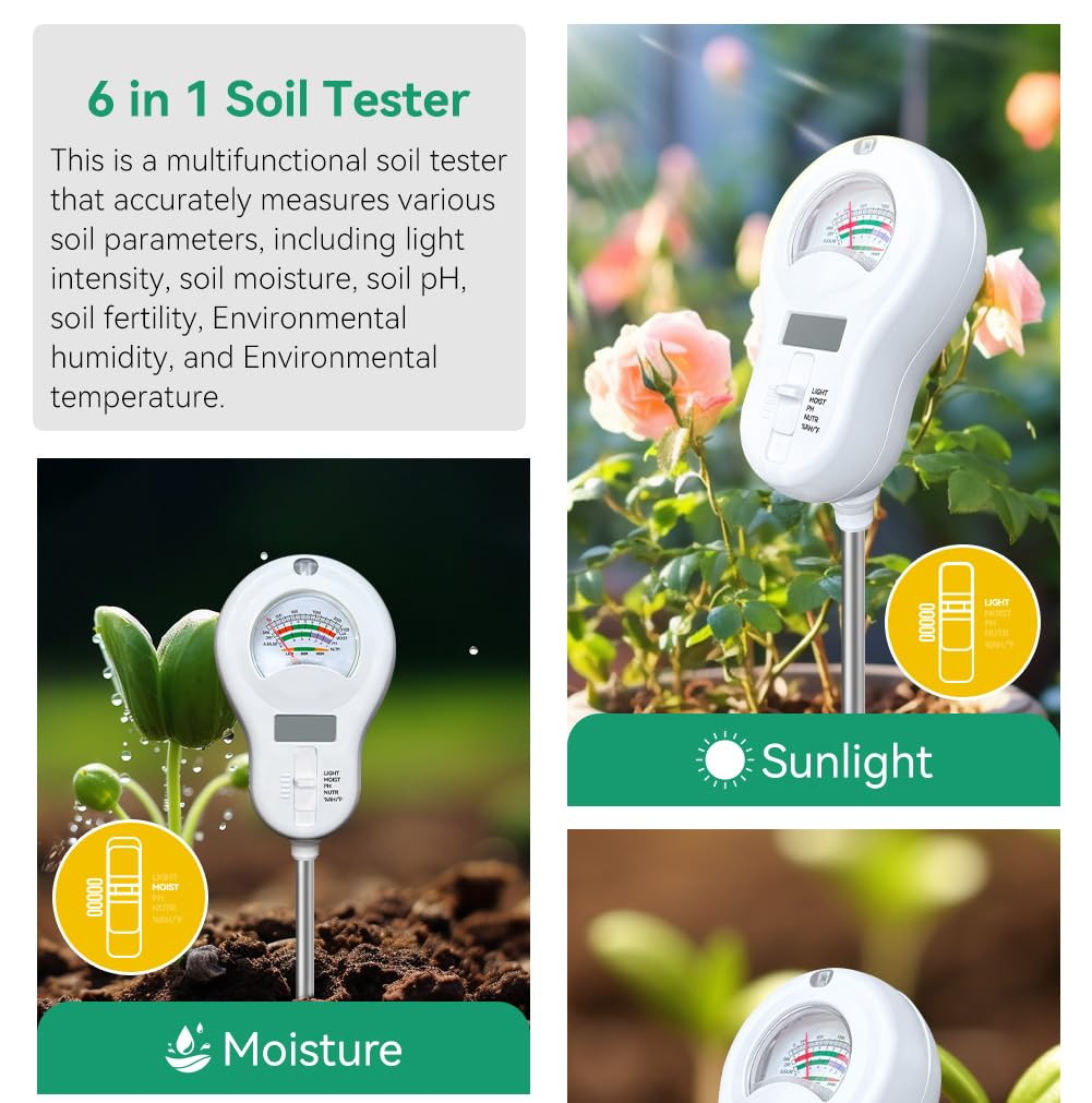 6in1 Multi-Function Soil Moisture Meters Tester Temperature/PH/Humidity/Moisture/Sunlight/Fertility Meter Soil Testing Analyzer Kit for Plants Farms Gardens Lawns Indoor Outdoor Plant Care - Image 4