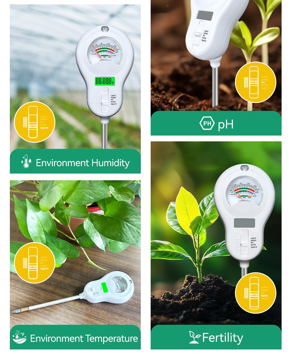 6in1 Multi-Function Soil Moisture Meters Tester Temperature/PH/Humidity/Moisture/Sunlight/Fertility Meter Soil Testing Analyzer Kit for Plants Farms Gardens Lawns Indoor Outdoor Plant Care - Image 5