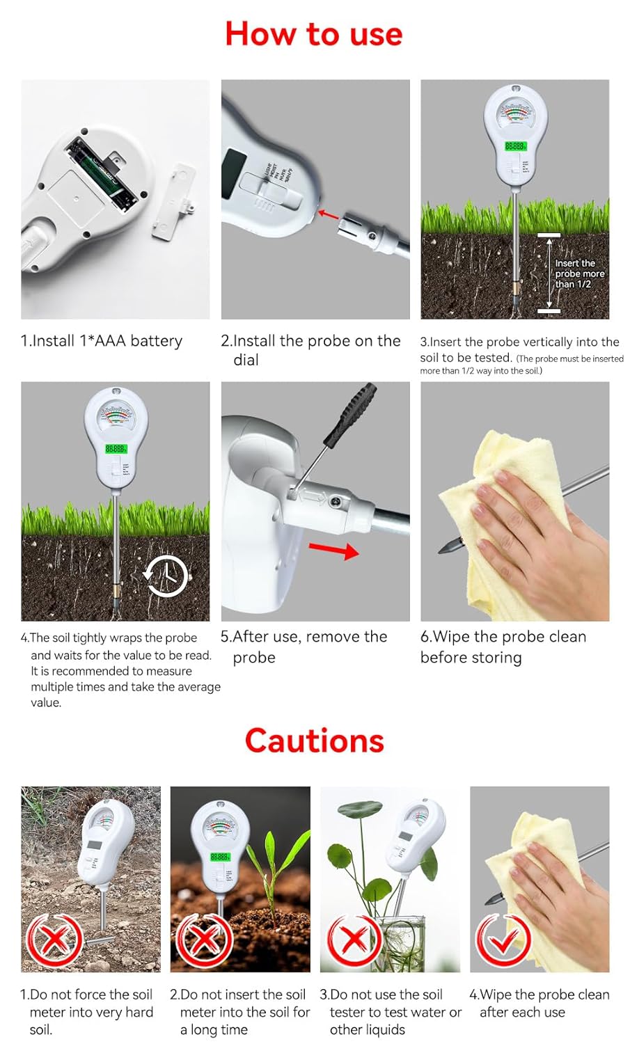 6in1 Multi-Function Soil Moisture Meters Tester Temperature/PH/Humidity/Moisture/Sunlight/Fertility Meter Soil Testing Analyzer Kit for Plants Farms Gardens Lawns Indoor Outdoor Plant Care - Image 7