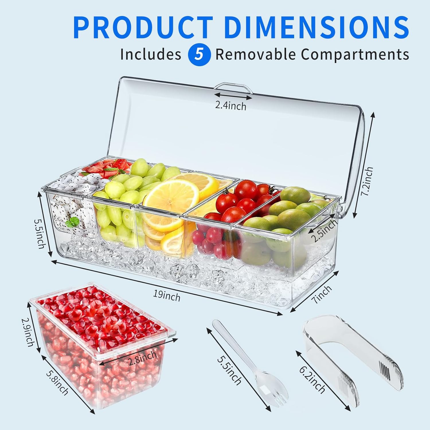 Large Ice Chilled Condiment Caddy，Chilled Condiment Containers Server with Lids for 5 Removable Compartments (2.5 cup)，Serving Platters, Fruit & Garnish Tray for Party Supplies & Bar Accessories - Image 2