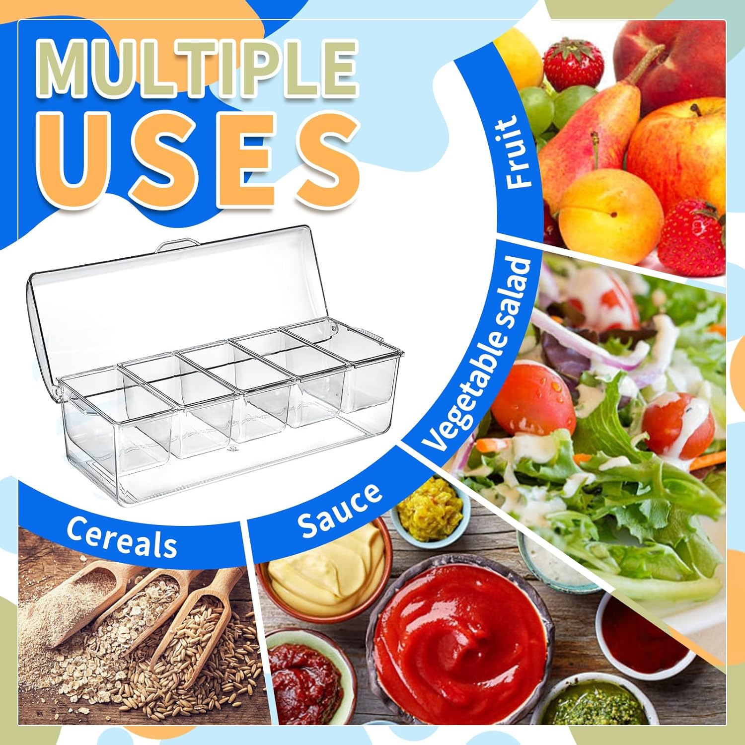 Large Ice Chilled Condiment Caddy，Chilled Condiment Containers Server with Lids for 5 Removable Compartments (2.5 cup)，Serving Platters, Fruit & Garnish Tray for Party Supplies & Bar Accessories - Image 4