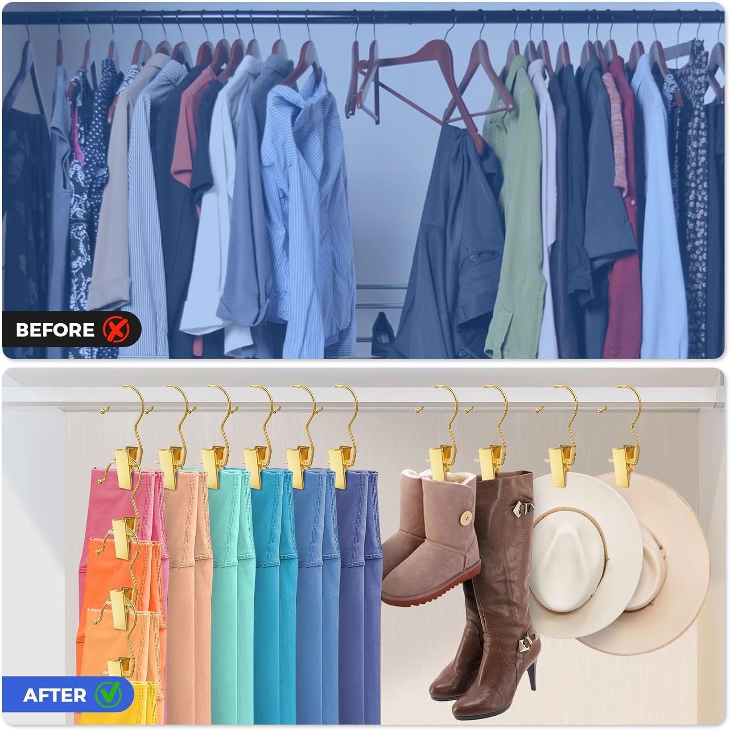 30 Pack Gold Boot Hangers for Closet, Pants Hangers with Clips Portable Travel Hanger Space Saving, Boot Clip Hooks for Hanging Clothes Pins Leggings Hangers Laundry Towels Hat Bra Socks Jean - Image 5