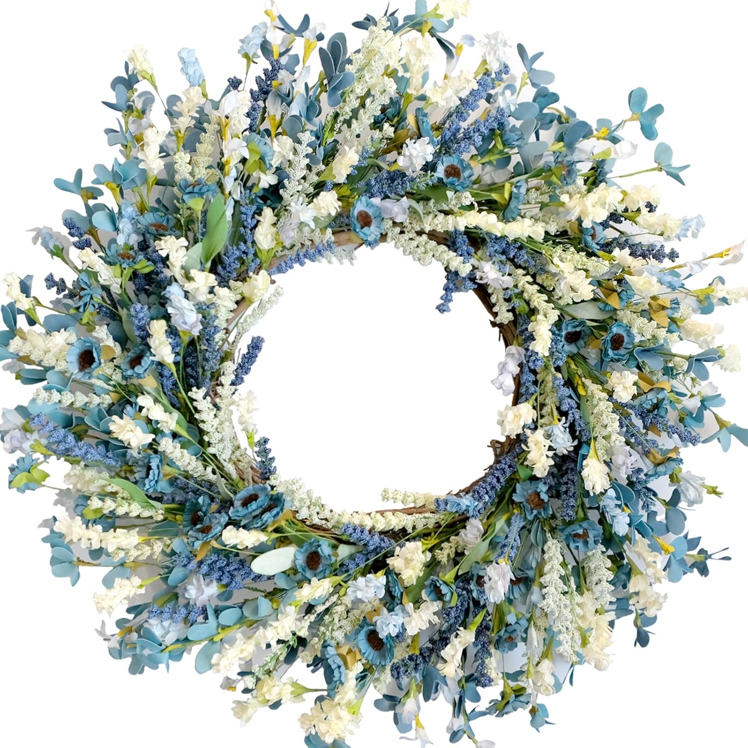 26 Inch Summer Spring Blue Ivory Lavender Flower Wreath for Front Door, Rustic and Farmhouse Wild Flowers Wreath for Inside and Outside, Coastal Blue Home Decorating - Image 1