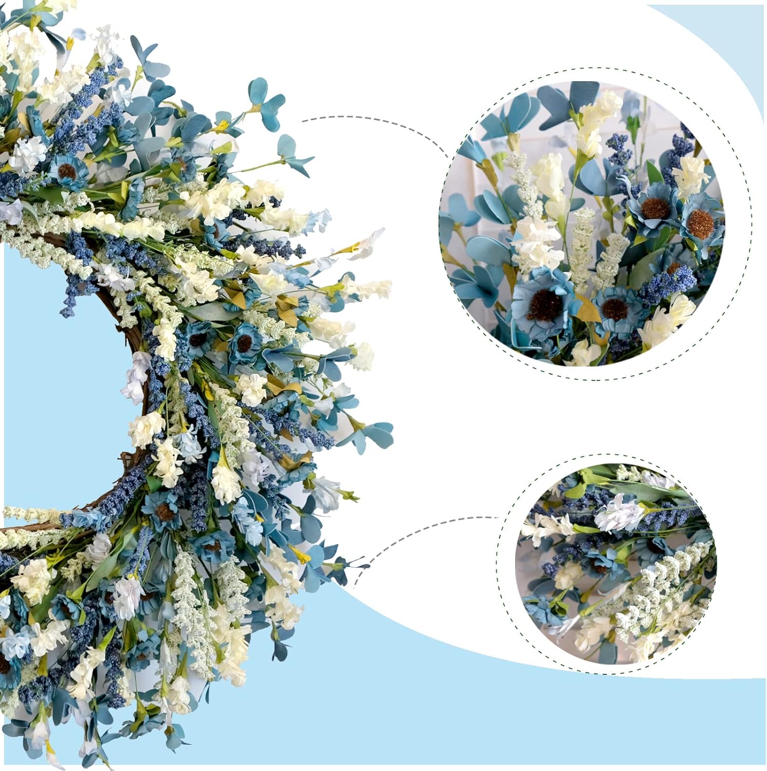 26 Inch Summer Spring Blue Ivory Lavender Flower Wreath for Front Door, Rustic and Farmhouse Wild Flowers Wreath for Inside and Outside, Coastal Blue Home Decorating - Image 2