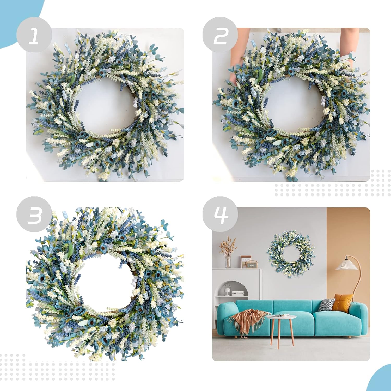 26 Inch Summer Spring Blue Ivory Lavender Flower Wreath for Front Door, Rustic and Farmhouse Wild Flowers Wreath for Inside and Outside, Coastal Blue Home Decorating - Image 3