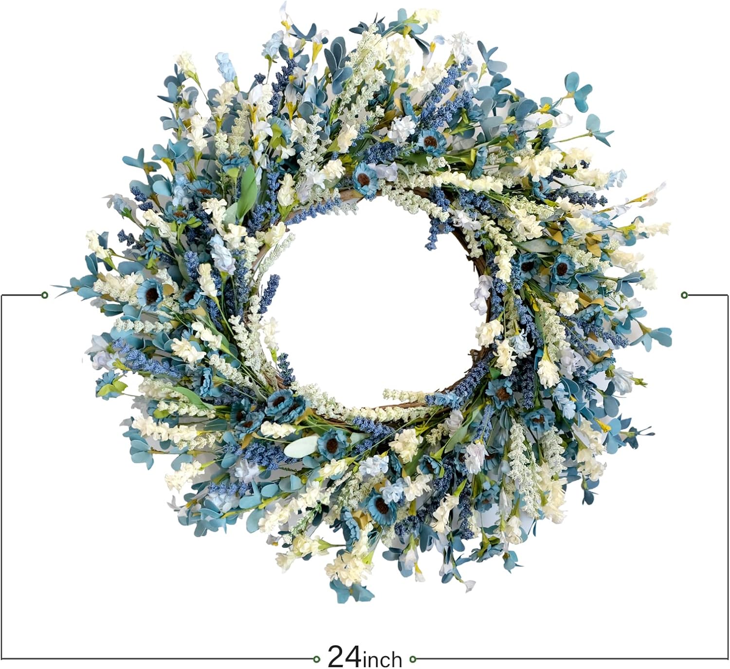 26 Inch Summer Spring Blue Ivory Lavender Flower Wreath for Front Door, Rustic and Farmhouse Wild Flowers Wreath for Inside and Outside, Coastal Blue Home Decorating - Image 4