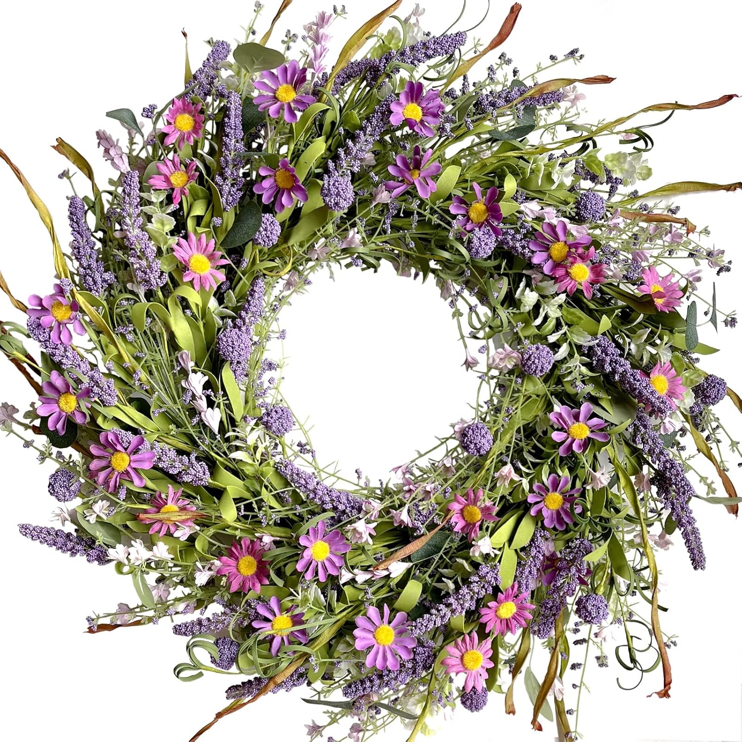 24 Inch Spring and Everyday Greenery Wild Flower Wreath for Front Door, Mixed Green Leaves and Flower Wreath for Indoor and Outdoor Use, Everyday Home Decor - Image 1