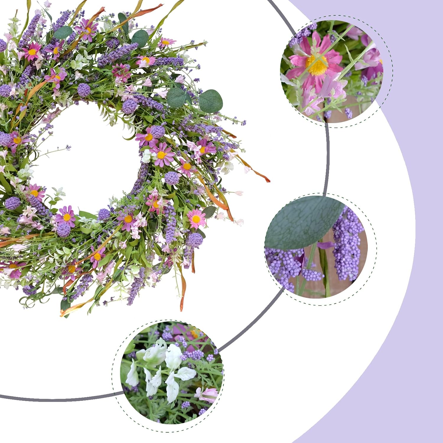 24 Inch Spring and Everyday Greenery Wild Flower Wreath for Front Door, Mixed Green Leaves and Flower Wreath for Indoor and Outdoor Use, Everyday Home Decor - Image 2