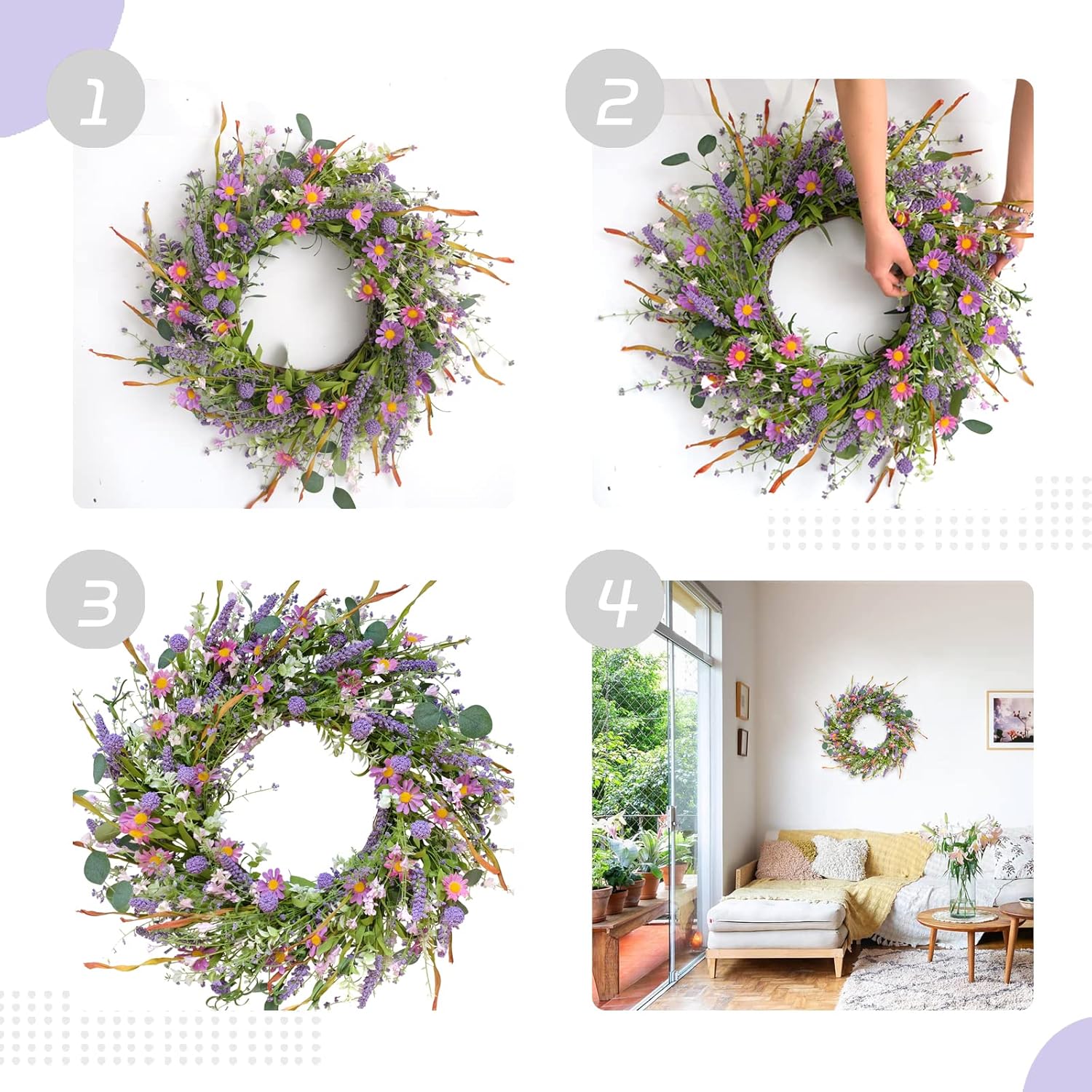 24 Inch Spring and Everyday Greenery Wild Flower Wreath for Front Door, Mixed Green Leaves and Flower Wreath for Indoor and Outdoor Use, Everyday Home Decor - Image 3