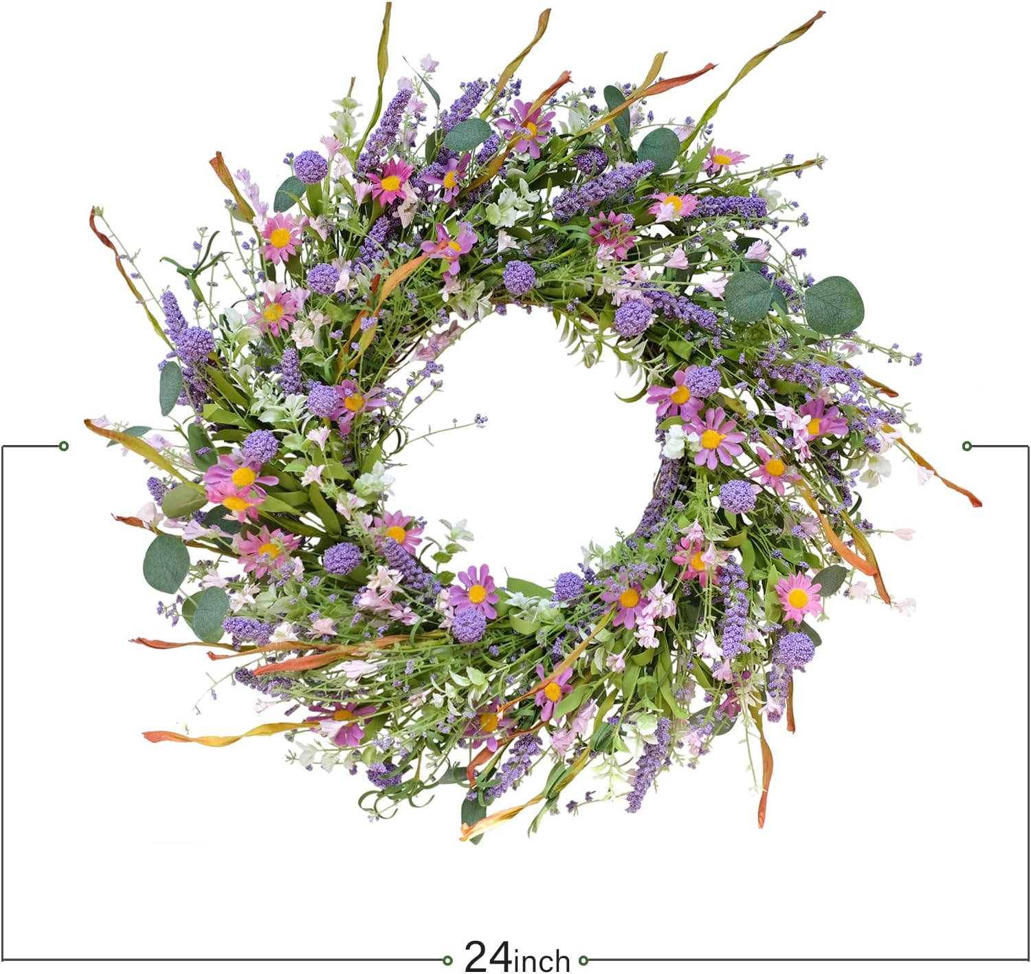 24 Inch Spring and Everyday Greenery Wild Flower Wreath for Front Door, Mixed Green Leaves and Flower Wreath for Indoor and Outdoor Use, Everyday Home Decor - Image 7