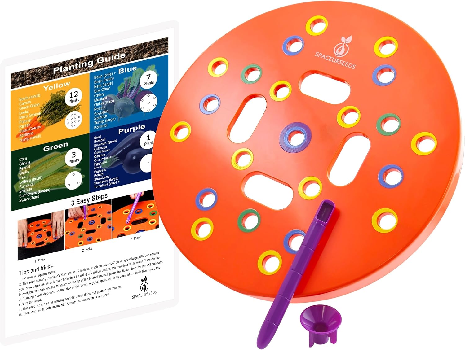 Round Seed Planting Template by  – Patented Color-Coded Garden Spacing Tool Kit with Seed & Seedling Spacer, Dibber with Seed Spoon & Laminated Vegetable Growing Guide - Image 1