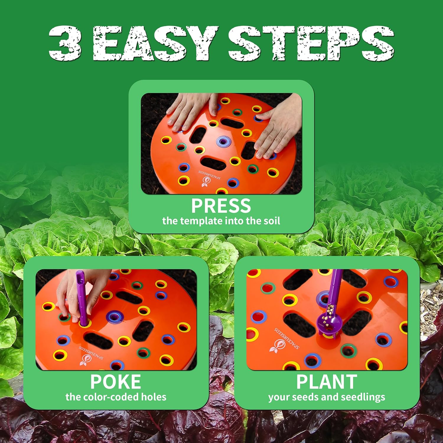 Round Seed Planting Template by  – Patented Color-Coded Garden Spacing Tool Kit with Seed & Seedling Spacer, Dibber with Seed Spoon & Laminated Vegetable Growing Guide - Image 3