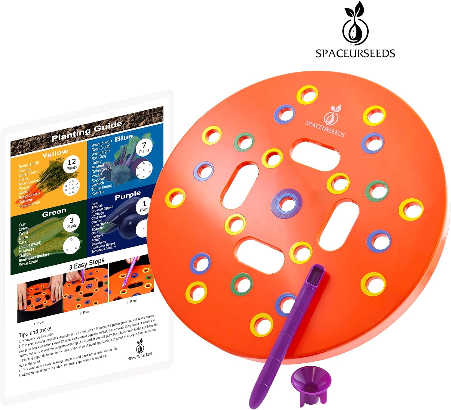 Round Seed Planting Template by  – Patented Color-Coded Garden Spacing Tool Kit with Seed & Seedling Spacer, Dibber with Seed Spoon & Laminated Vegetable Growing Guide - Image 6