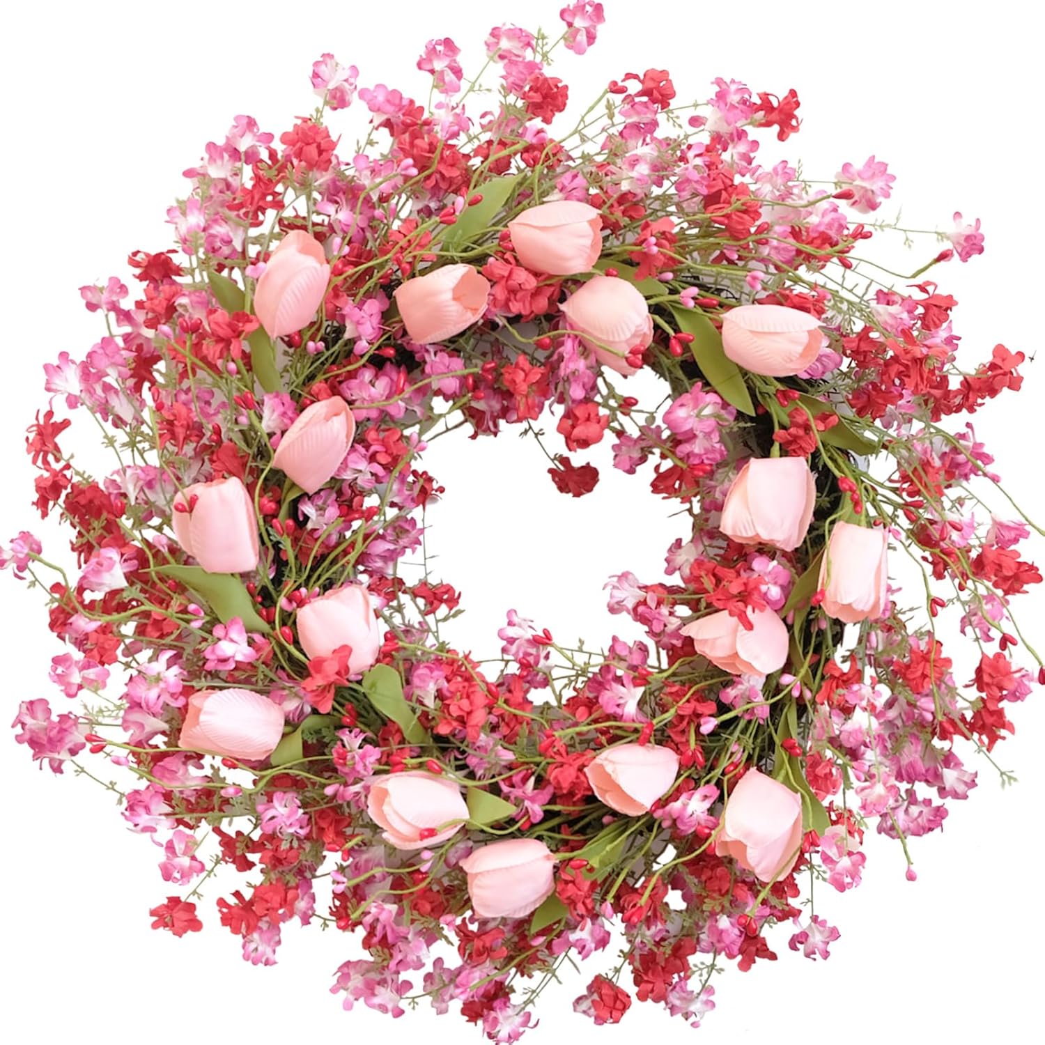 Valentine Day Pink Tulip Wreath, Pink Red Forsythia Berries, Artificial Flower Wreath for Front Door, Indoor Outdoor, Anniversary Wedding Decor - Image 1