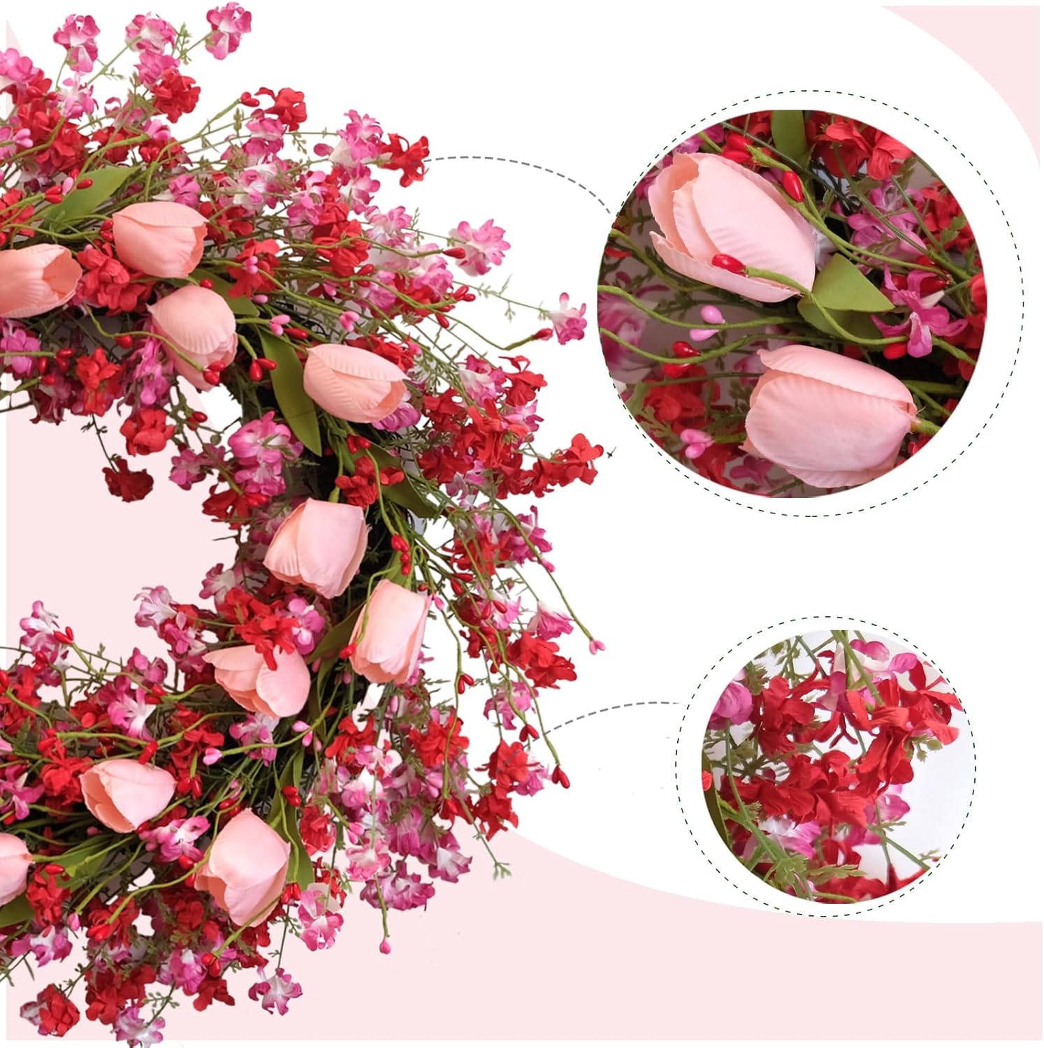 Valentine Day Pink Tulip Wreath, Pink Red Forsythia Berries, Artificial Flower Wreath for Front Door, Indoor Outdoor, Anniversary Wedding Decor - Image 2