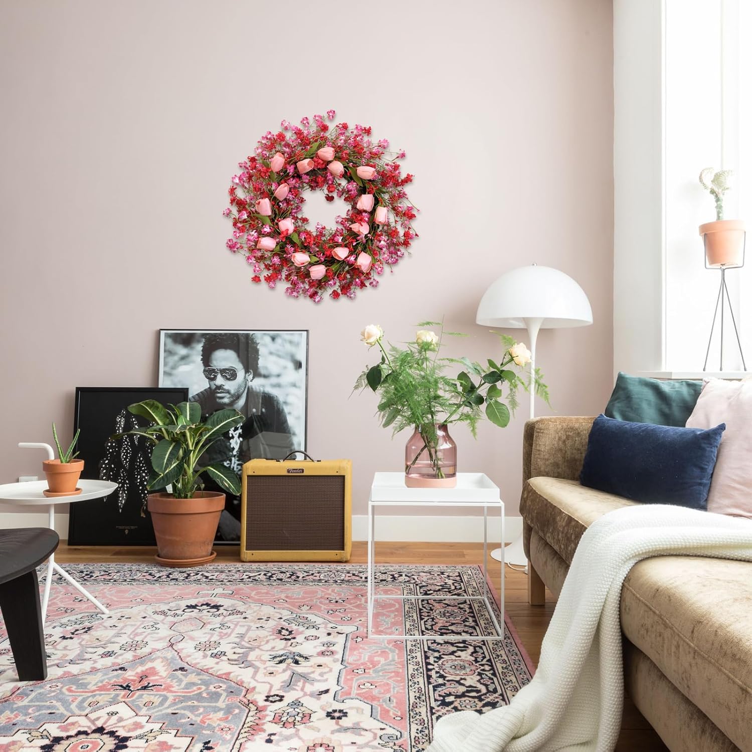 Valentine Day Pink Tulip Wreath, Pink Red Forsythia Berries, Artificial Flower Wreath for Front Door, Indoor Outdoor, Anniversary Wedding Decor - Image 3