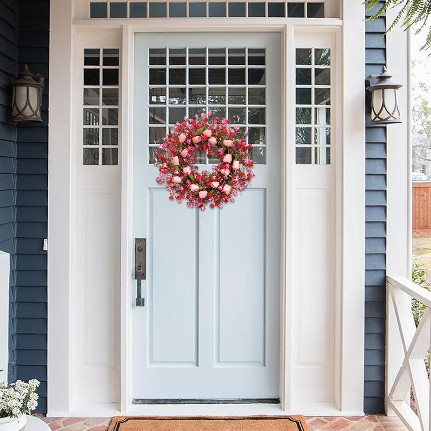 Valentine Day Pink Tulip Wreath, Pink Red Forsythia Berries, Artificial Flower Wreath for Front Door, Indoor Outdoor, Anniversary Wedding Decor - Image 4