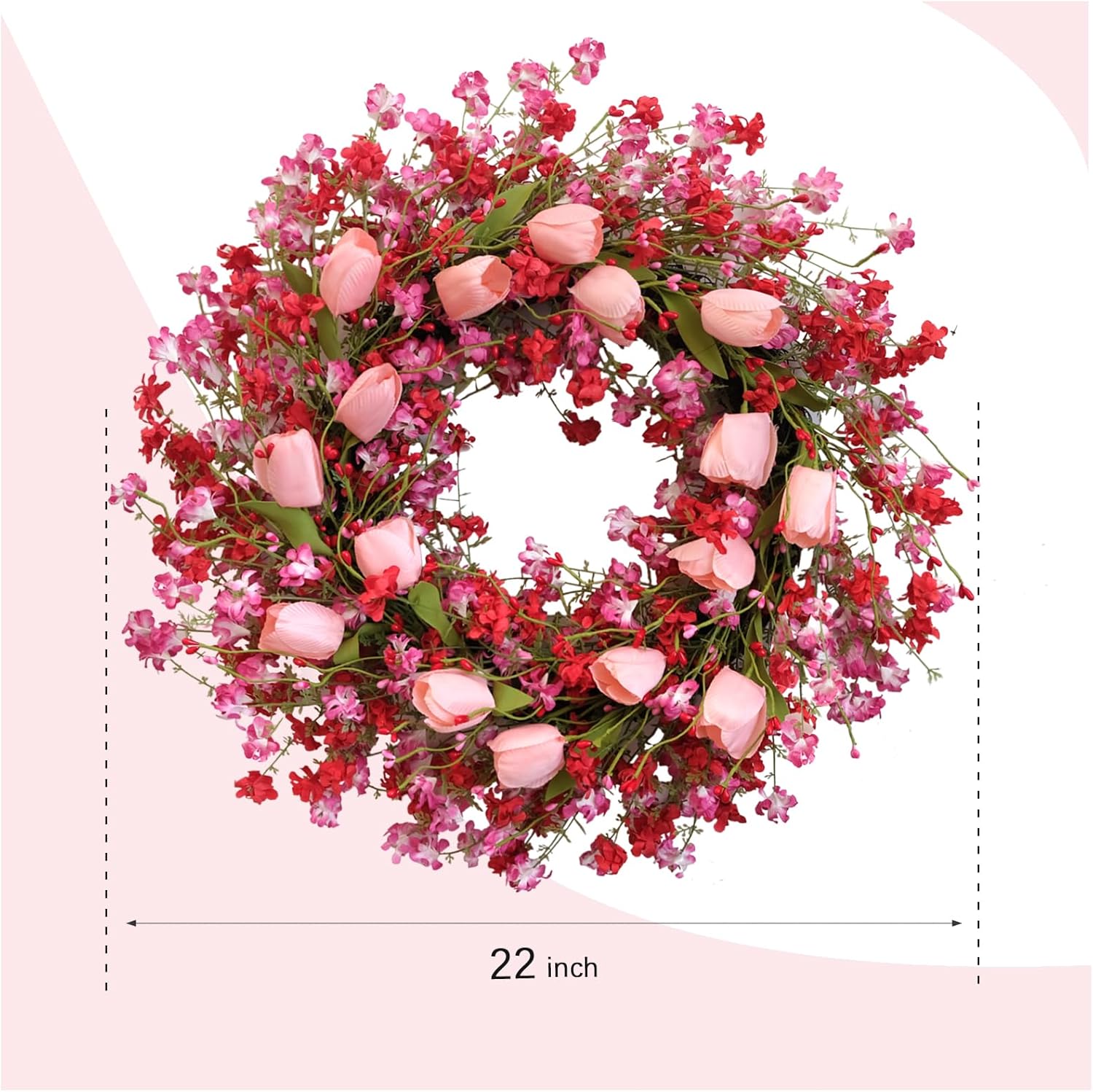 Valentine Day Pink Tulip Wreath, Pink Red Forsythia Berries, Artificial Flower Wreath for Front Door, Indoor Outdoor, Anniversary Wedding Decor - Image 7