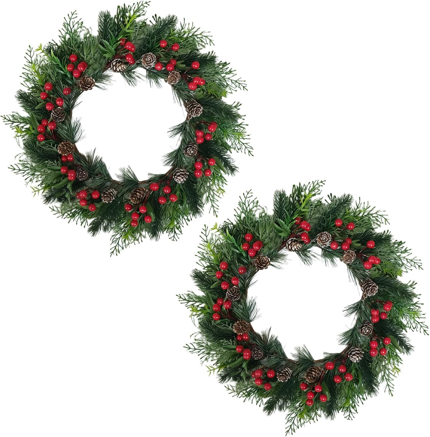 2 PCS 13 Inch Christmas Wreaths Sets for Doors Cabinets, Christmas Green Pine Wreath with Red Berries Mini Pinecones for Indoor Outdoor, Rustic Farmhouse Xmas Wreaths - Image 1