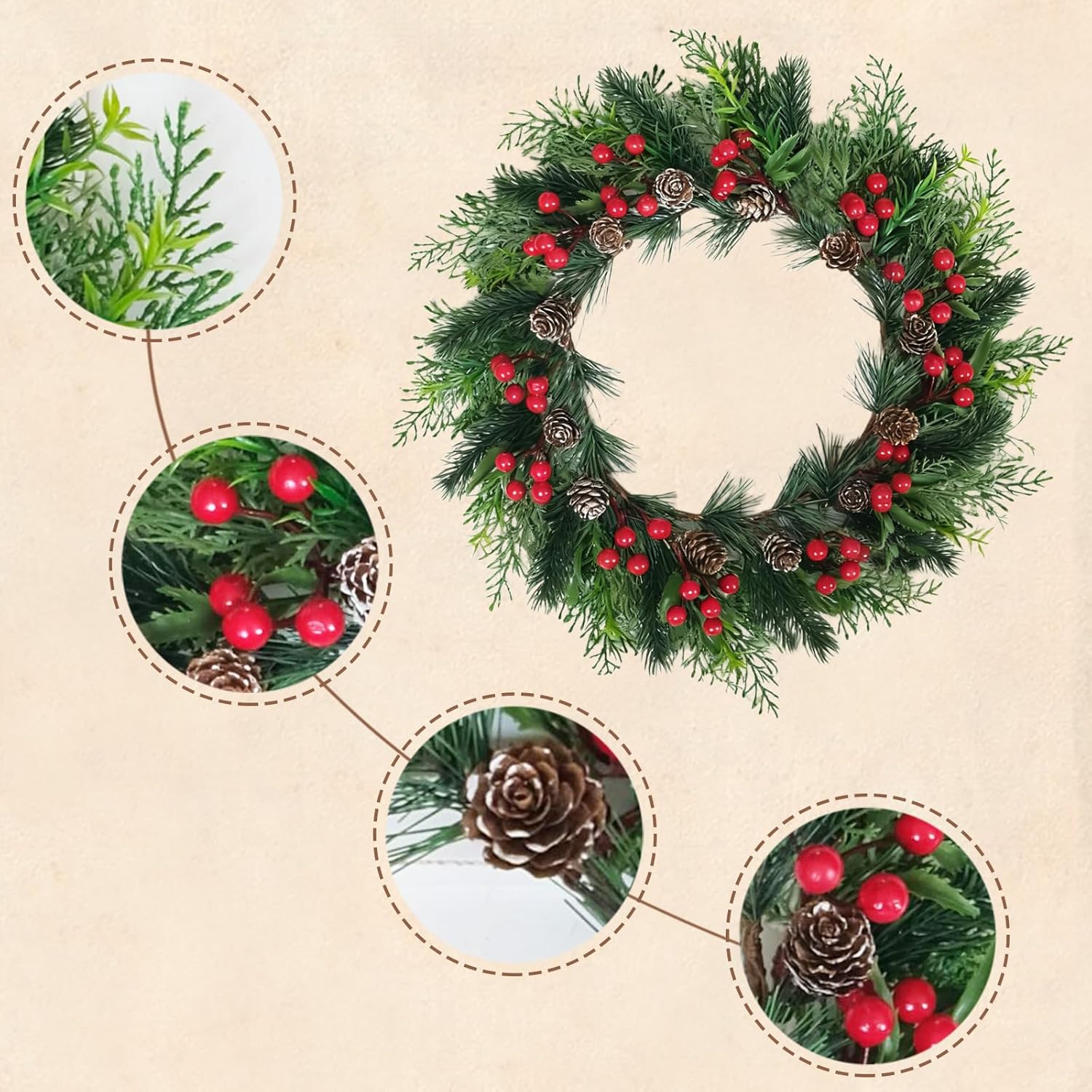 2 PCS 13 Inch Christmas Wreaths Sets for Doors Cabinets, Christmas Green Pine Wreath with Red Berries Mini Pinecones for Indoor Outdoor, Rustic Farmhouse Xmas Wreaths - Image 2