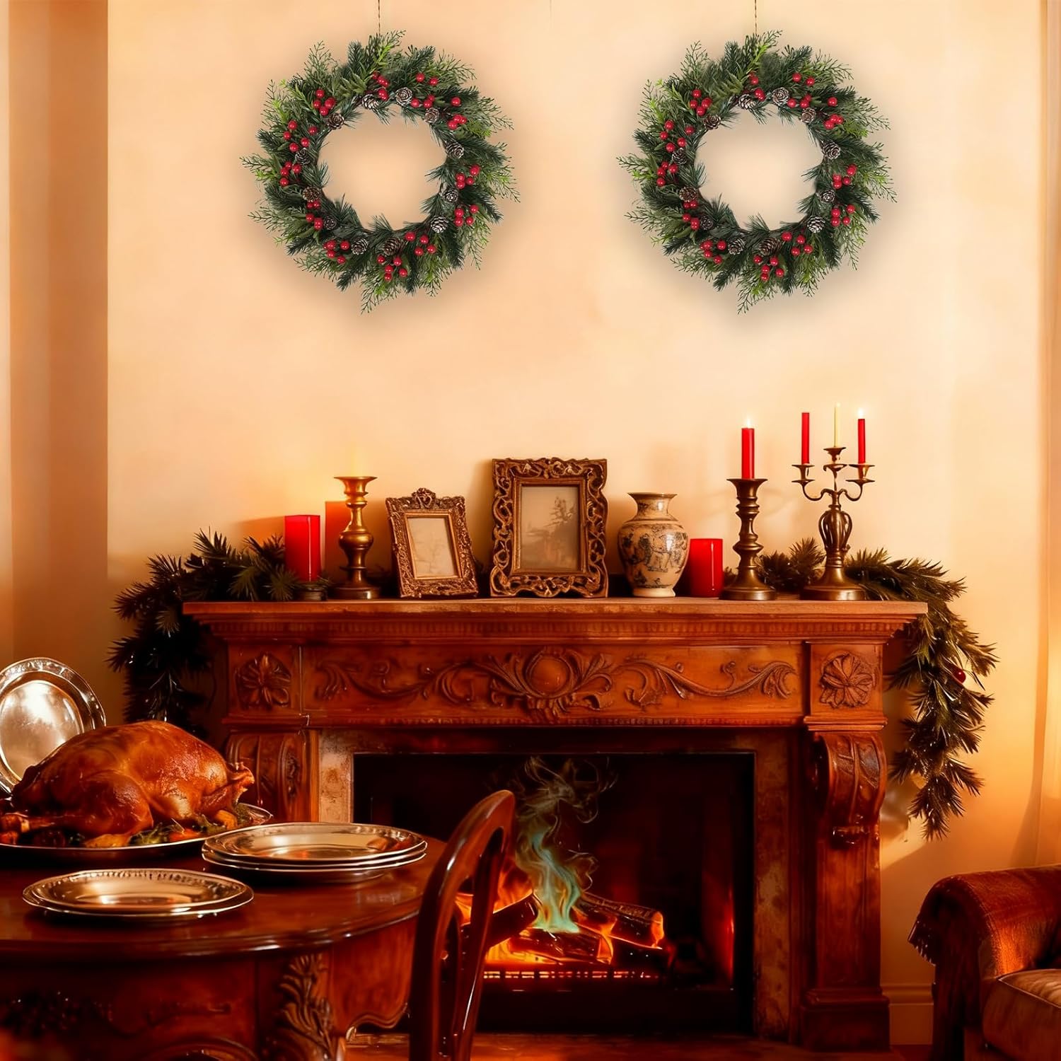 2 PCS 13 Inch Christmas Wreaths Sets for Doors Cabinets, Christmas Green Pine Wreath with Red Berries Mini Pinecones for Indoor Outdoor, Rustic Farmhouse Xmas Wreaths - Image 4