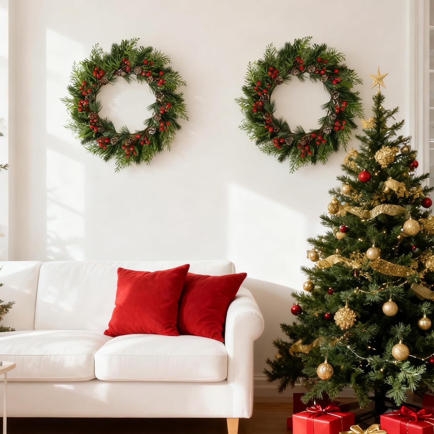 2 PCS 13 Inch Christmas Wreaths Sets for Doors Cabinets, Christmas Green Pine Wreath with Red Berries Mini Pinecones for Indoor Outdoor, Rustic Farmhouse Xmas Wreaths - Image 5