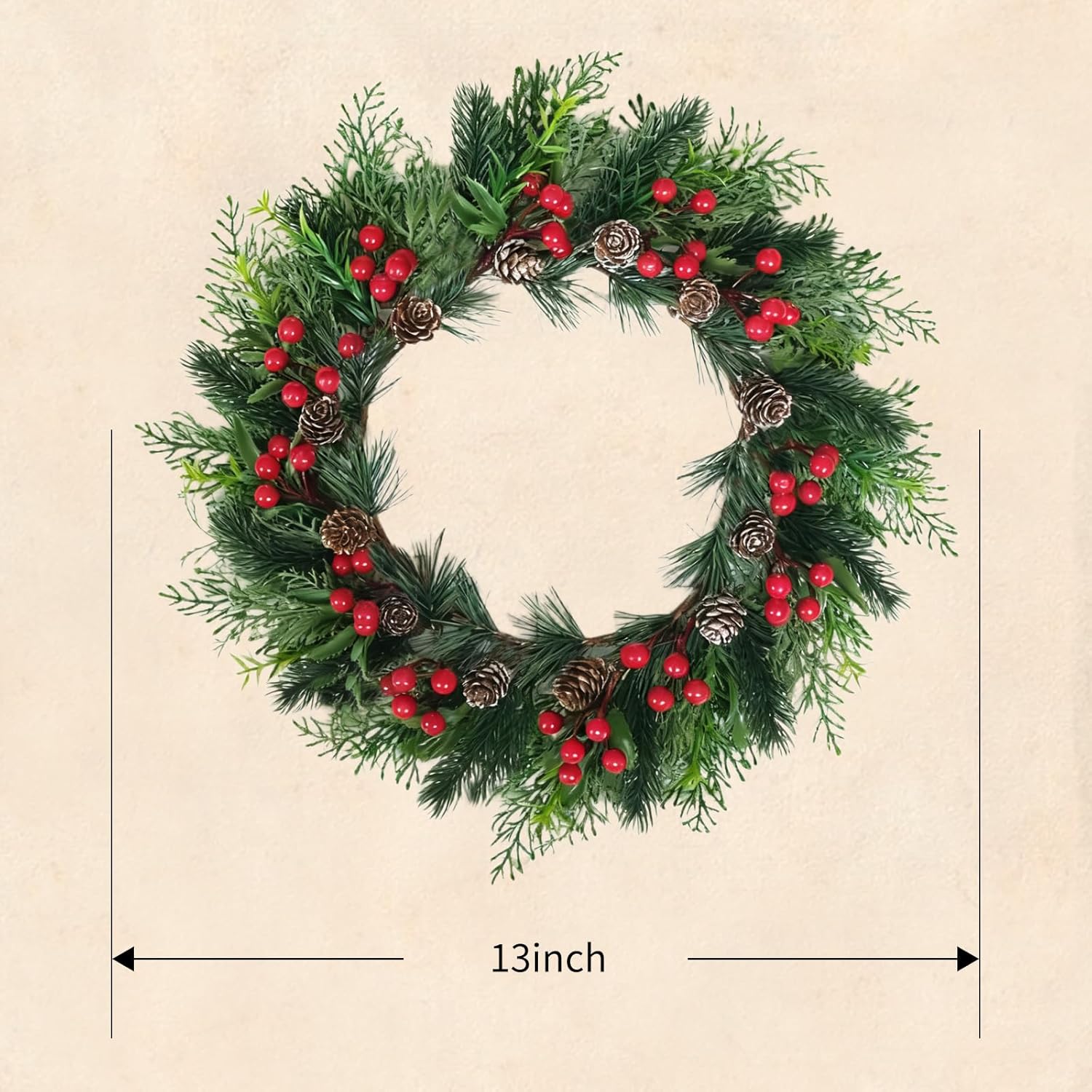 2 PCS 13 Inch Christmas Wreaths Sets for Doors Cabinets, Christmas Green Pine Wreath with Red Berries Mini Pinecones for Indoor Outdoor, Rustic Farmhouse Xmas Wreaths - Image 6