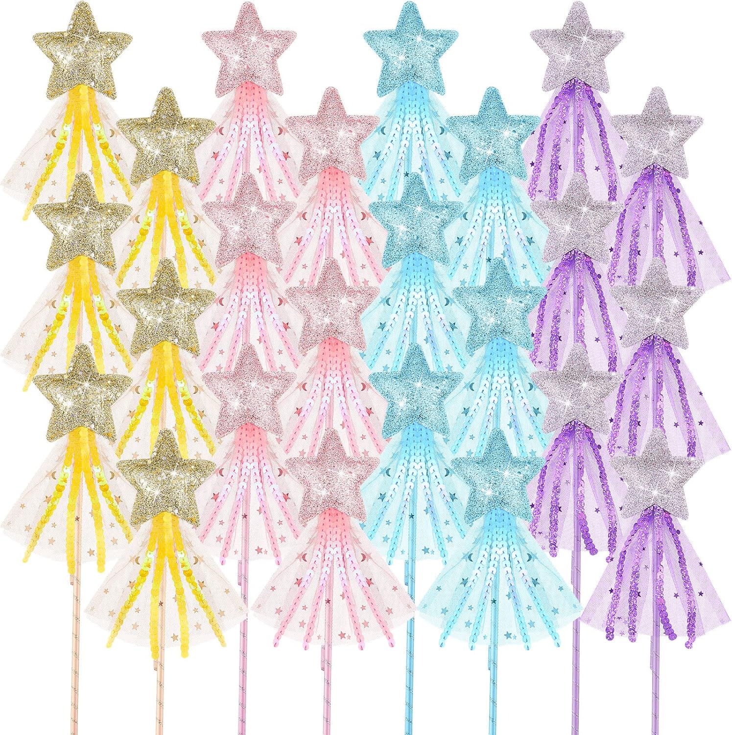 24 Pcs Glitter Star Magic Wand Princess Wand Fairy Angel Star Stick with Ribbon for Girl Kid Birthday Wedding Princess Dress up Role Play Party Supply Favor, Pink Purple Gold Blue - Image 1