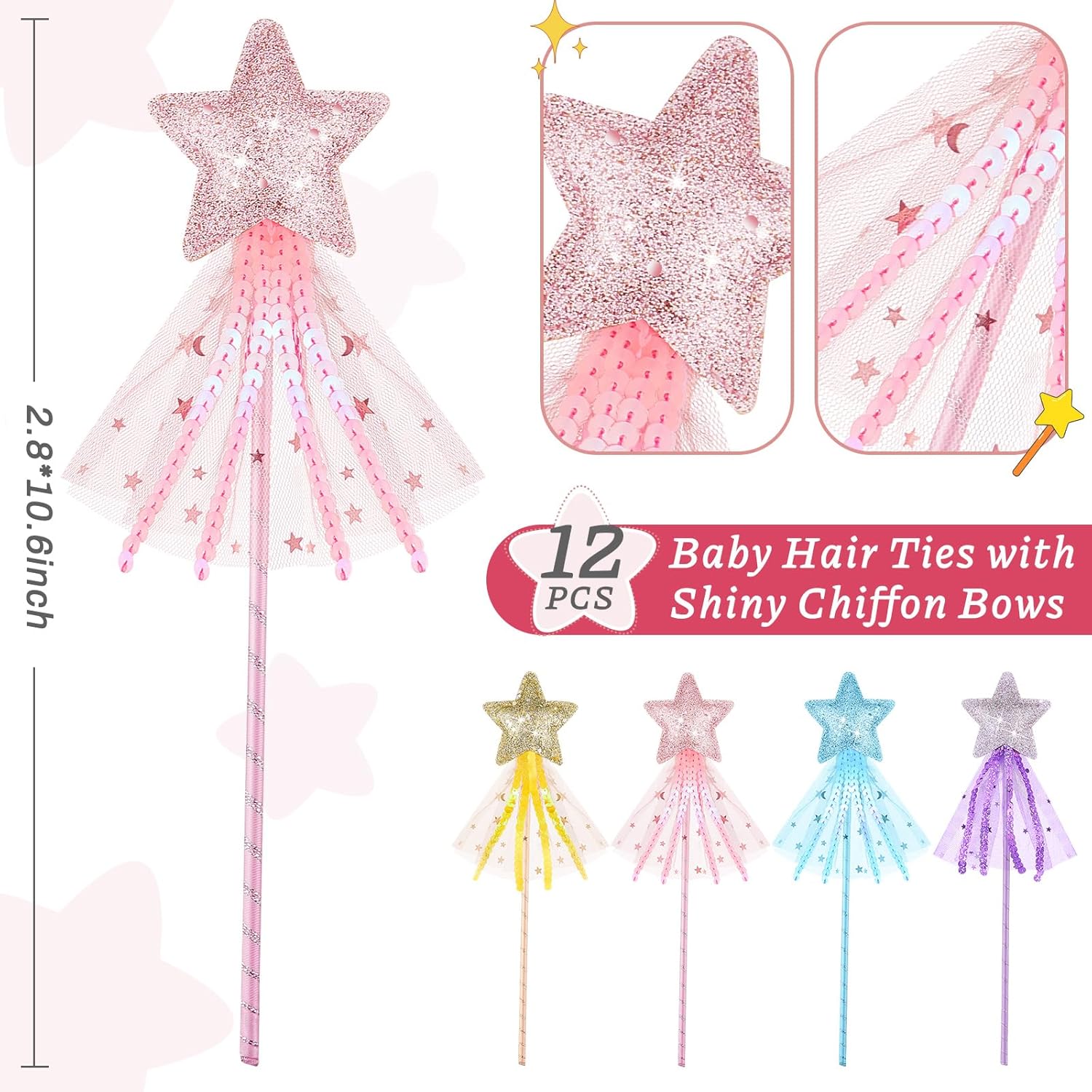 24 Pcs Glitter Star Magic Wand Princess Wand Fairy Angel Star Stick with Ribbon for Girl Kid Birthday Wedding Princess Dress up Role Play Party Supply Favor, Pink Purple Gold Blue - Image 2