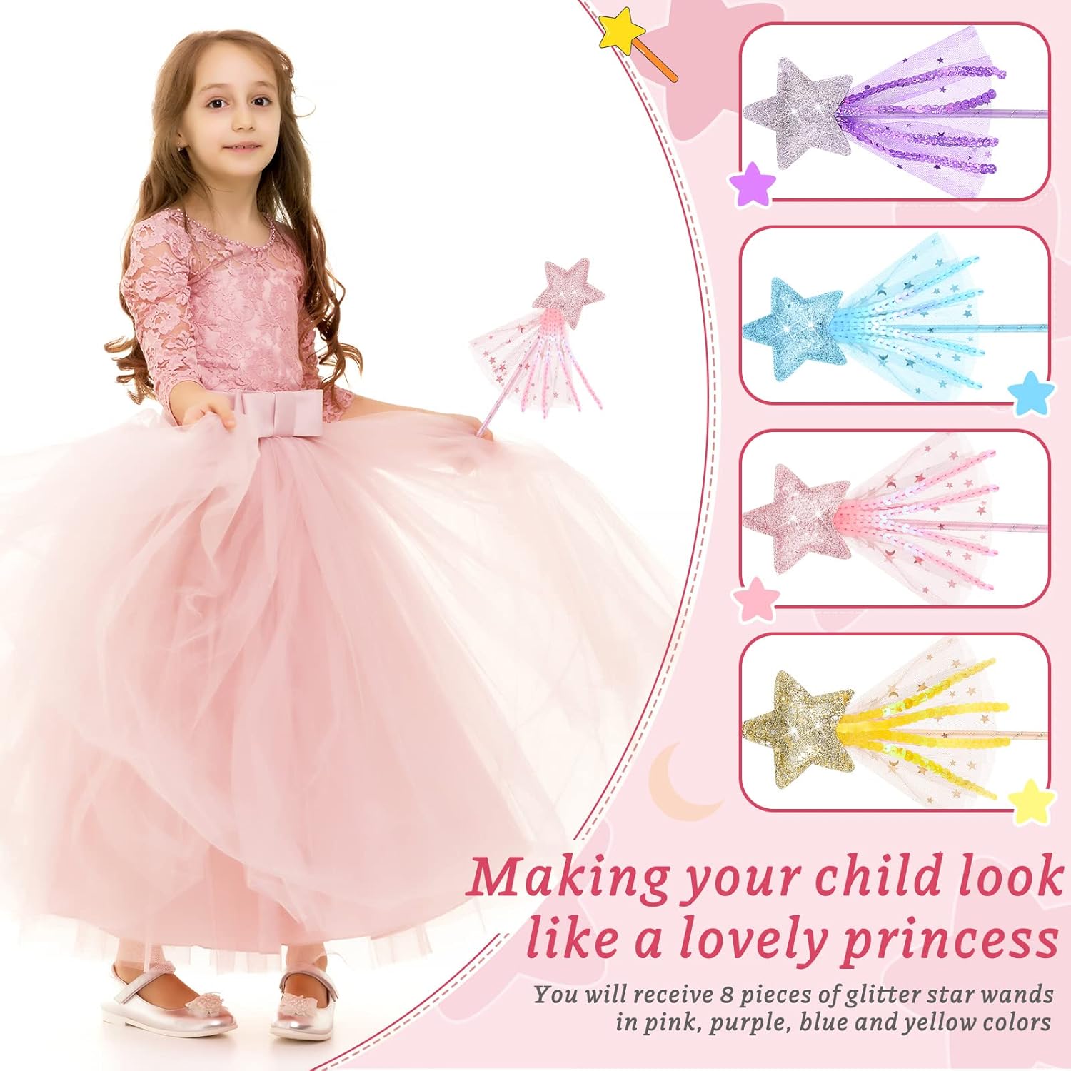 24 Pcs Glitter Star Magic Wand Princess Wand Fairy Angel Star Stick with Ribbon for Girl Kid Birthday Wedding Princess Dress up Role Play Party Supply Favor, Pink Purple Gold Blue - Image 3