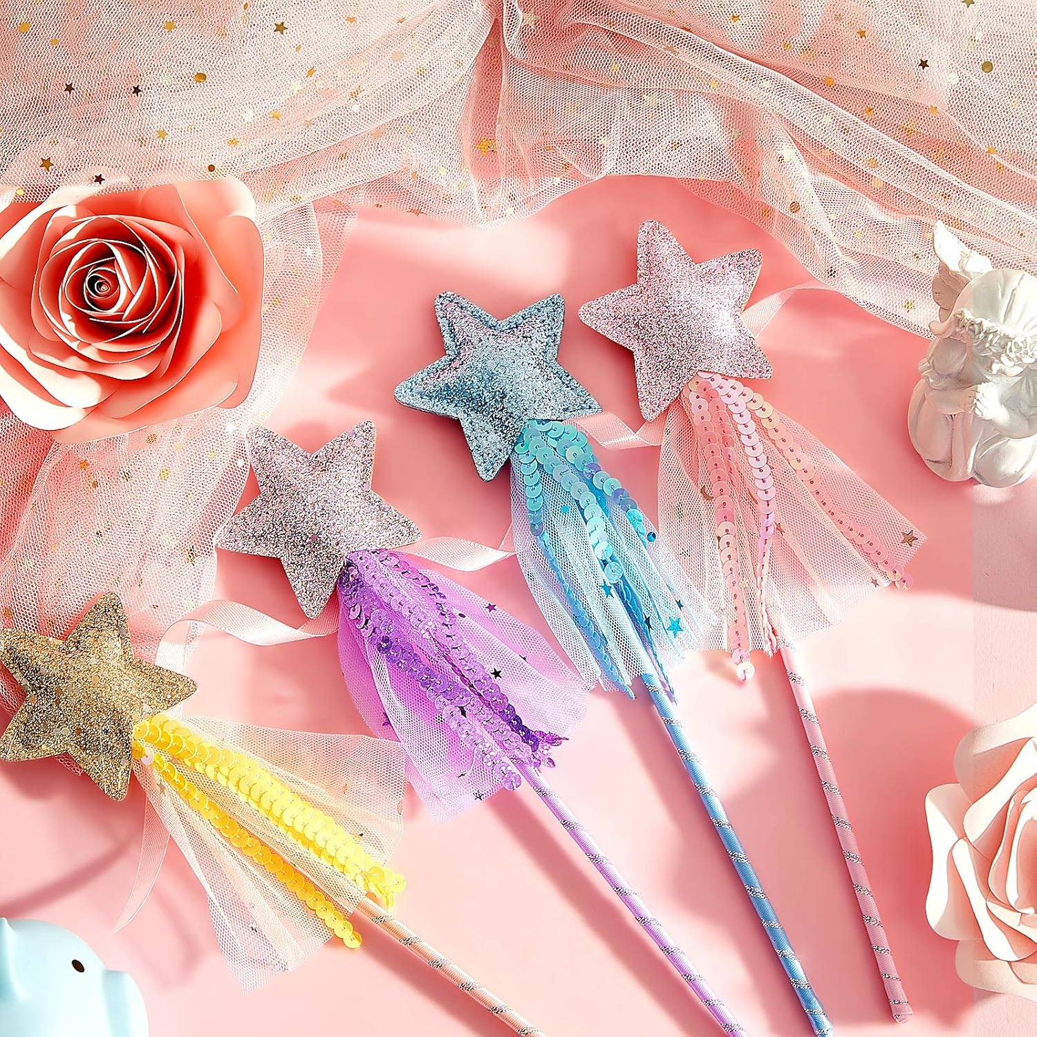 24 Pcs Glitter Star Magic Wand Princess Wand Fairy Angel Star Stick with Ribbon for Girl Kid Birthday Wedding Princess Dress up Role Play Party Supply Favor, Pink Purple Gold Blue - Image 4